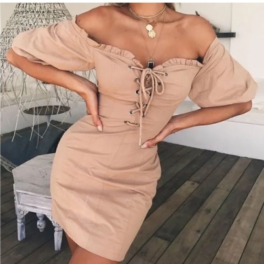 I.AM.GIA Alya Off The Shoulder Corset Dress Tan Size Small